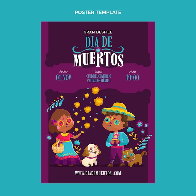 Vettore modello di poster verticale piatto dia de muertos