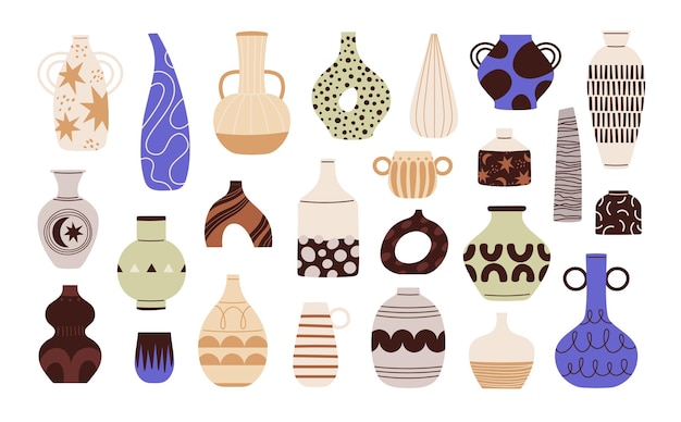 Vettore vasi piatti diversi vasi e vasi di ceramica scandinavi in stile minimalista caniche decorative in stile trendy coppe e ciotole in ceramica vettoriale set di vasi in ceramika scandinava illustrazione