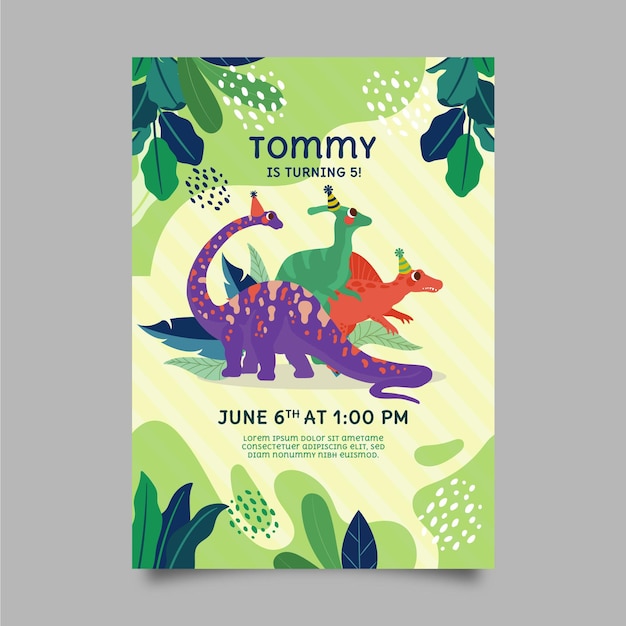 Vector flat dinosaur birthday invitation template