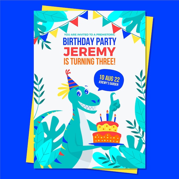 Vector flat dinosaur birthday invitation template