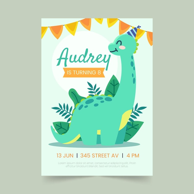 Flat dinosaur birthday invitation template