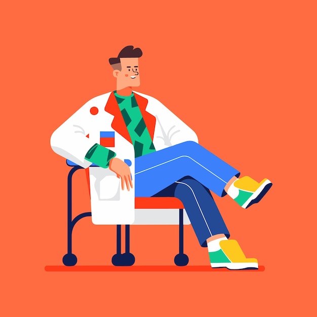 Vector flat doctor character sitting on chair medical scene illustration