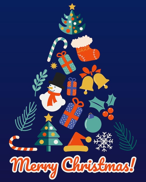 Insieme di vettore della cartolina d'auguri dell'albero di natale di doodle piatto