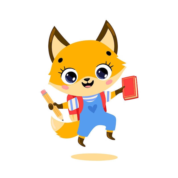 Flat doodle of a cute cartoon fox going to school. animals back to school