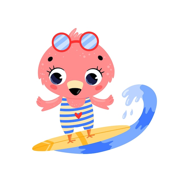 Vector flat doodle cute cartoon summer surfing flamingo.