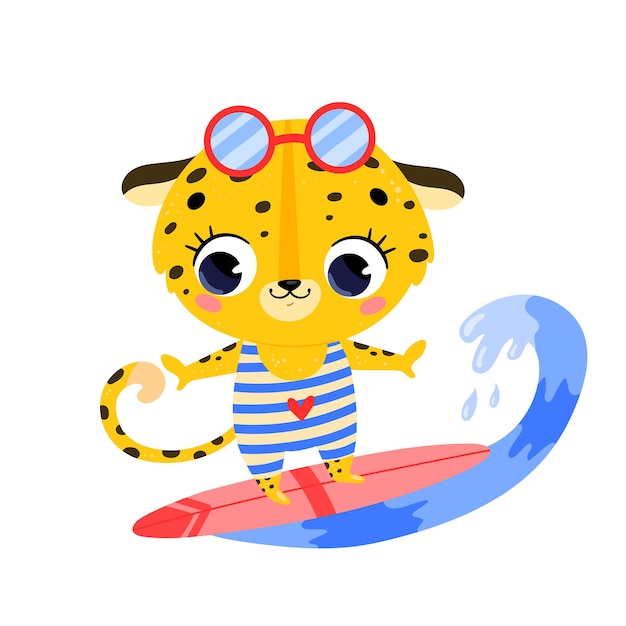 Flat doodle cute cartoon summer surfing leopard.