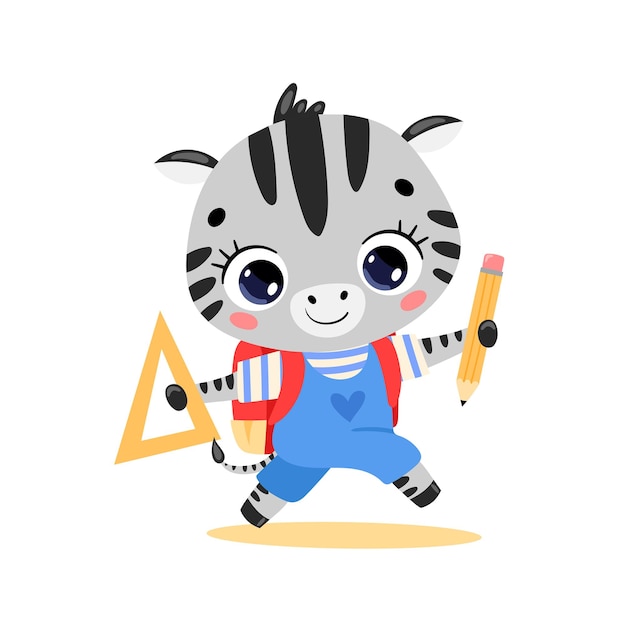  flat doodle of cute cartoon zebra going to school. Animals back to school