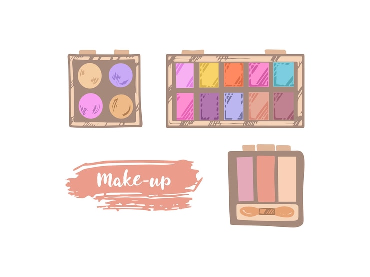 Vector flat and doodle style eyeshadow palettes beauty cosmetic elements self care illustration