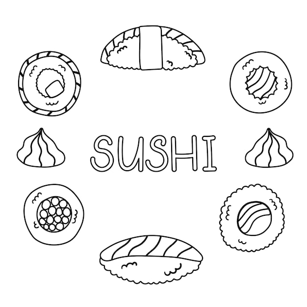 Set vettoriale di doodle piatto di rotoli di sushi cibo asiatico tradizionale su sfondo bianco