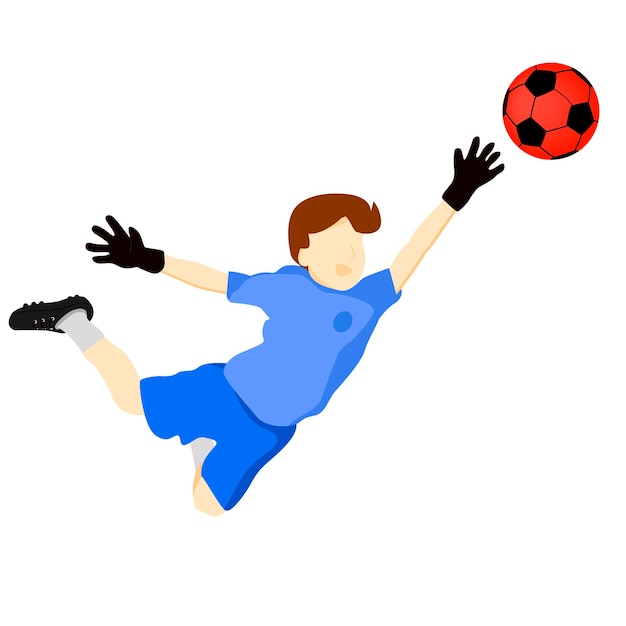 Flat drawing of a child playing goalkeeper and stretching to stop the ball