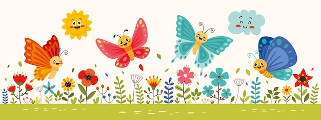 Vector flat drawing of colorful butterflies