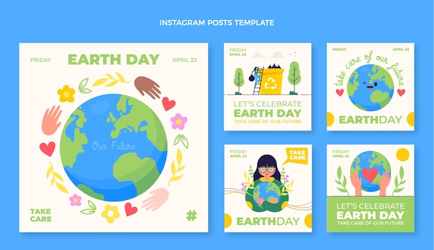 Vettore collezione di post instagram per la giornata della terra piatta