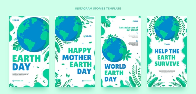 Vettore collezione di storie di instagram per la giornata della terra piatta