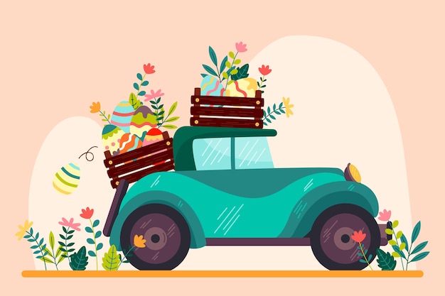 Flat easter car illustration