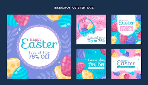 Vettore collezione di post di instagram di pasqua piatta