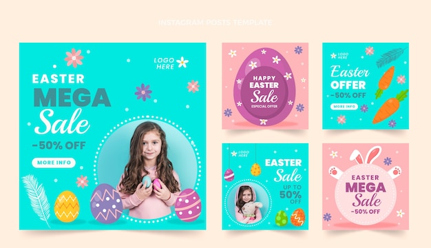 Vector flat easter instagram posts collection