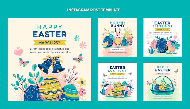 Vettore collezione di post di instagram di pasqua piatta