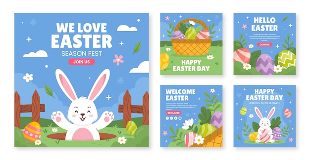 Flat easter instagram posts collection