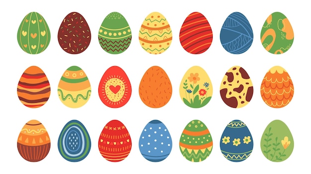 Flat easter isolated eggs Sweet table decoration spring festival egg decor templates Holy holiday classy vector stickers doodle creative food of egg with pattern illustration