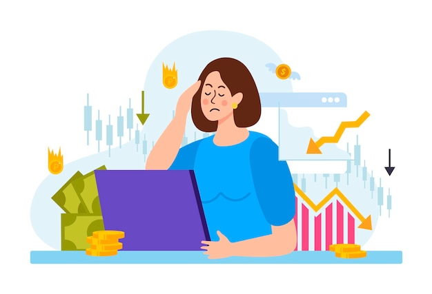 Vector flat economy crisis composition with arrows down money symbols and woman having financial problems vector illustration