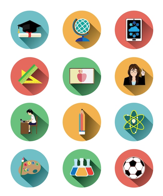 Flat education circle icons set with long shadow effect