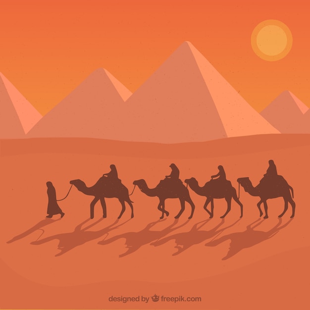 Vettore le piramidi egiziane piane abbelliscono con la carovana dei cammelli