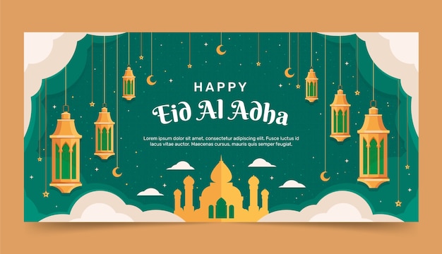 Vector flat eid al-adha horizontal banner template with lanterns and palace