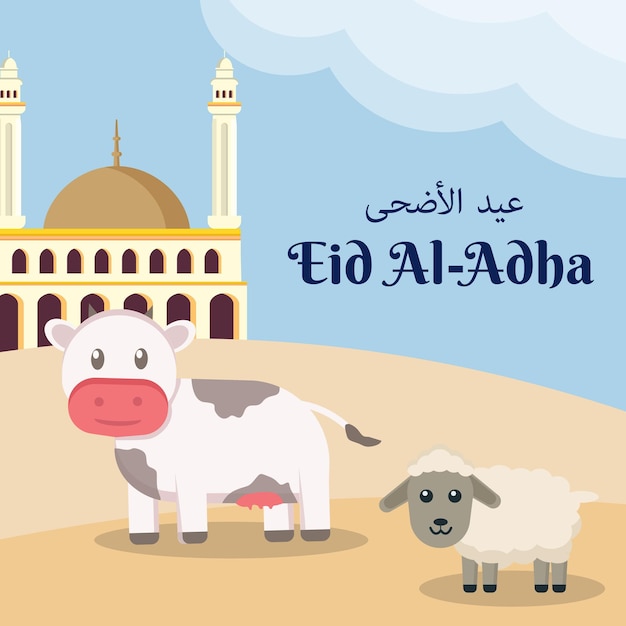 Vettore illustrazione piatta di eid al adha nel deserto con moschea e simpatiche mucche e pecore