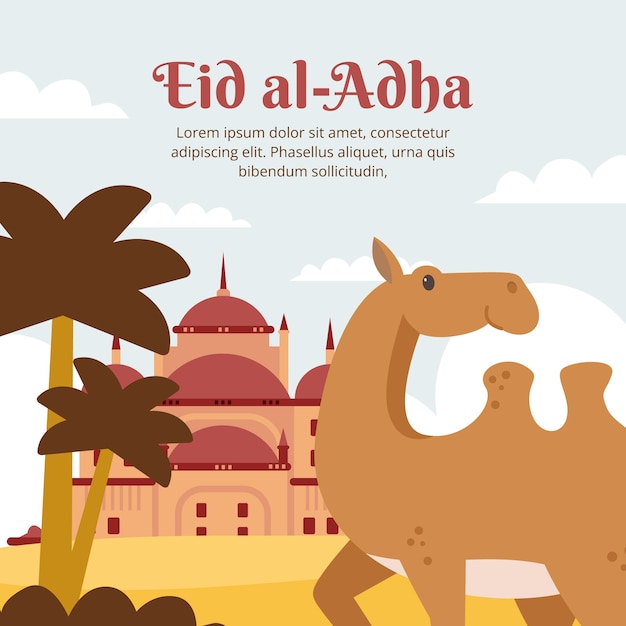 Плоская иллюстрация ид аль-адха с верблюдом