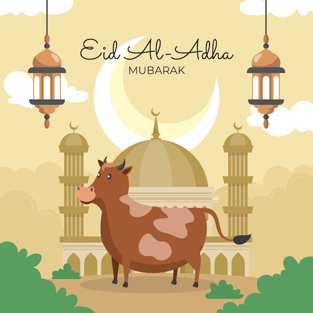 벡터 암소와 등불이 있는 평평한 eid al-adha 그림