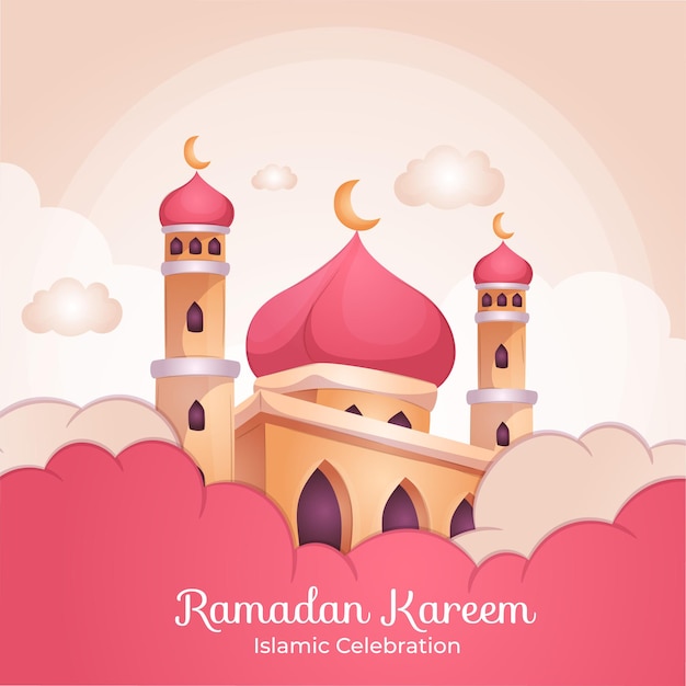 Flat eid al-fitr - eid mubarak with cute pink mosque