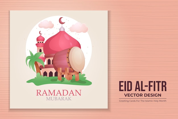 귀여운 디자인의 플랫 Eid Al-fitr 또는 Eid Mubarak