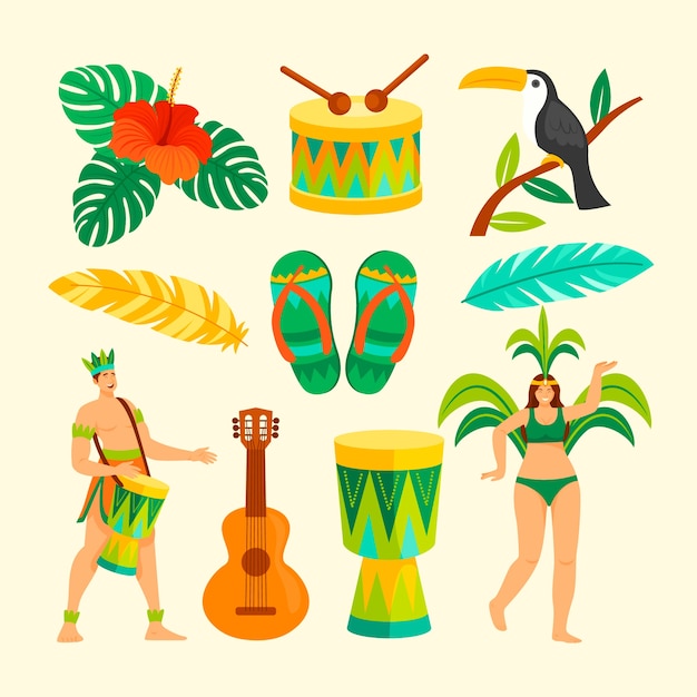 Flat elements collection for brazilian carnival celebration