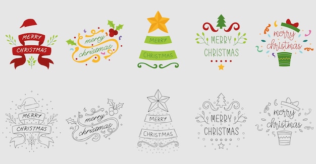 Flat en doodle design, kerst belettering labelcollectie.