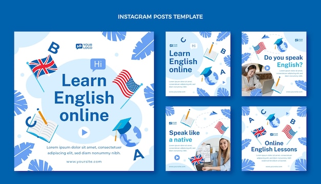 Vettore collezione di post di instagram di lezioni di inglese piatte