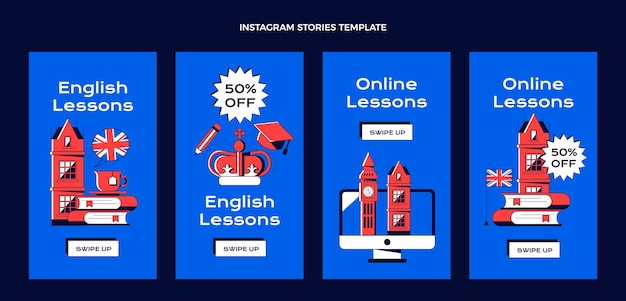 Collezione di storie di instagram di lezioni di inglese piatte