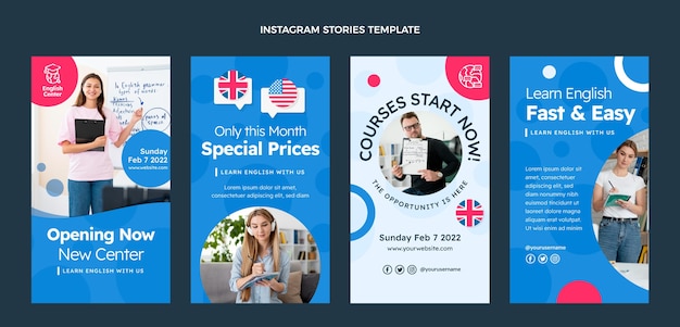 Vector flat english lessons instagram stories collection