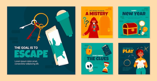 Vector flat escape room instagram posts-collectie