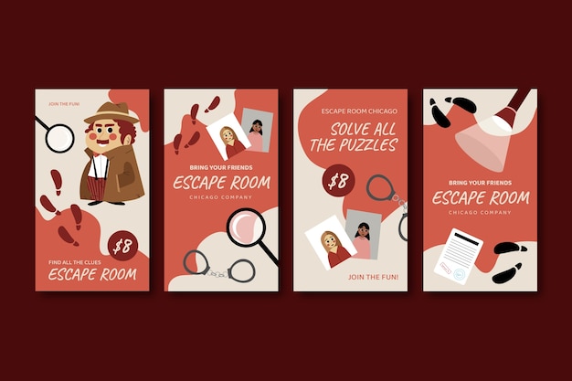 Vector flat escape room instagram stories collection