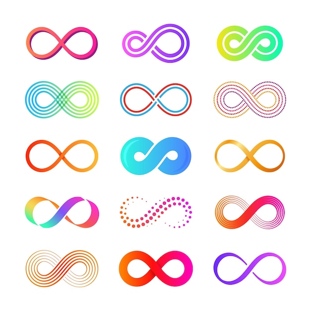 Vector flat eternity icons endless infinity eternal concept symbols isolated mobius loop colorful collection infinite loops graphic cycle tattoo tidy vector signs