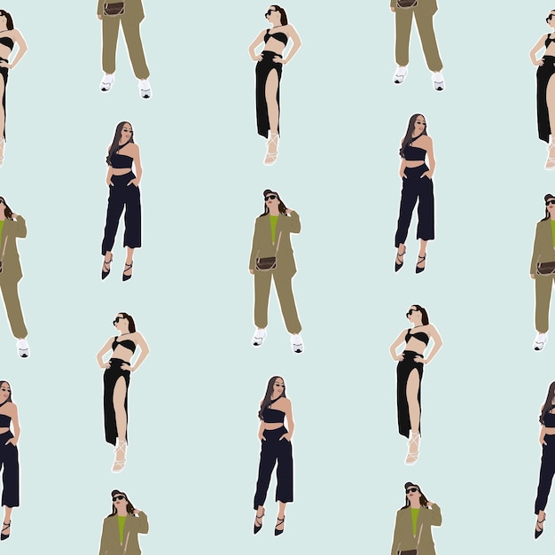 Flat fashion illustration concept. Seamless pattern with stylish young women.