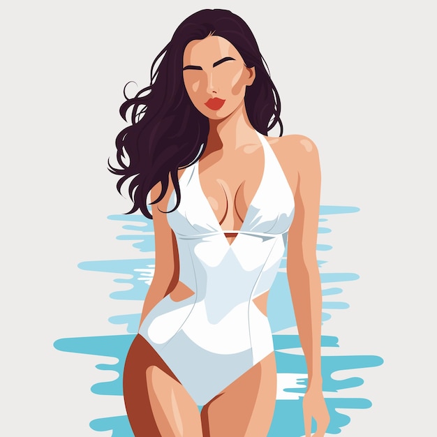 浜辺でスタイリッシュな白い水着を着た若い美しいセクシーな女性のファッションイラスト