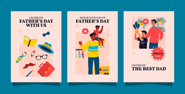 Flat father's day greeting cards collection