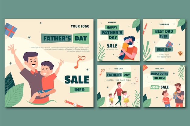 Flat father's day instagram posts collection with dad and child