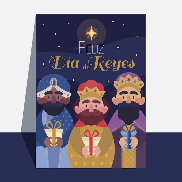 Flat feliz dia de reyes greeting card template