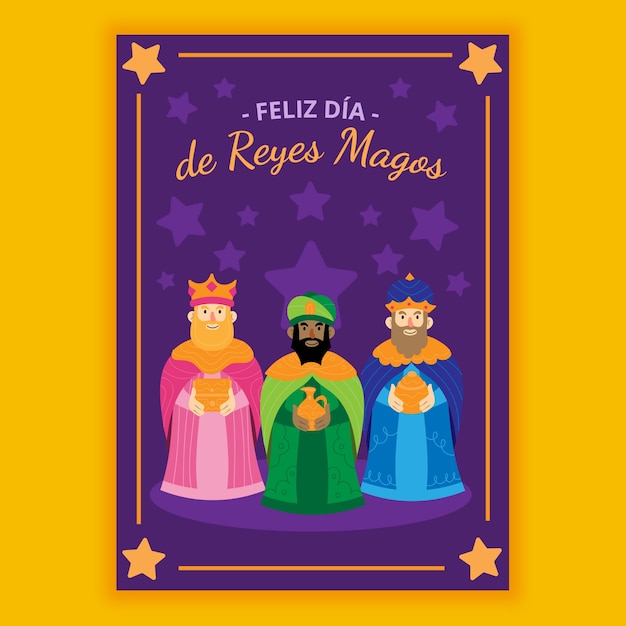 Vector flat feliz navidad reyes magos greeting card template
