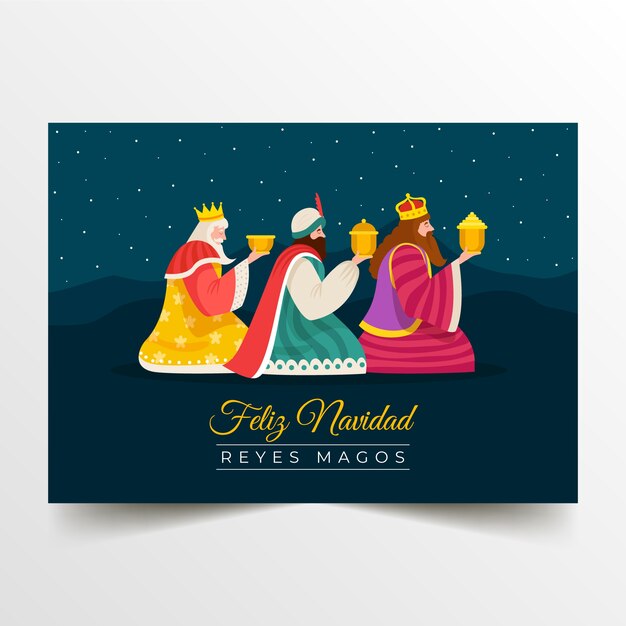 Плоский шаблон поздравительной открытки feliz navidad reyes magos