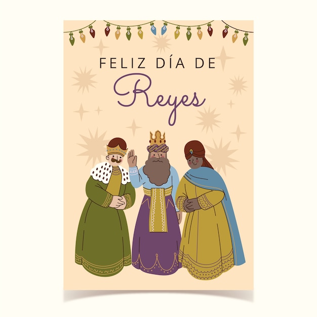 Flat feliz navidad reyes magos greeting card template