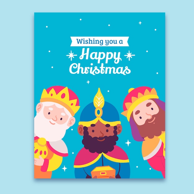 Flat feliz navidad reyes magos greeting card template