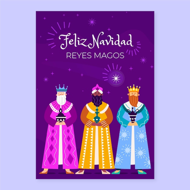 Vector flat feliz navidad reyes magos greeting card template